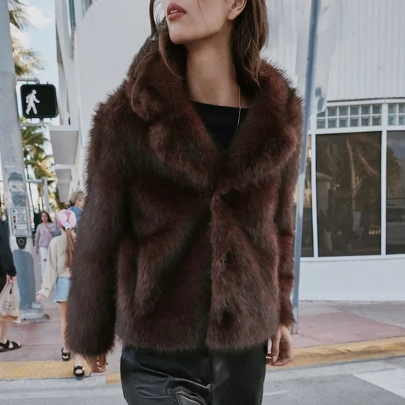 NWT Zara Faux Fur Reversible Jacket Coat Brown XXL - Picture 4 of 5